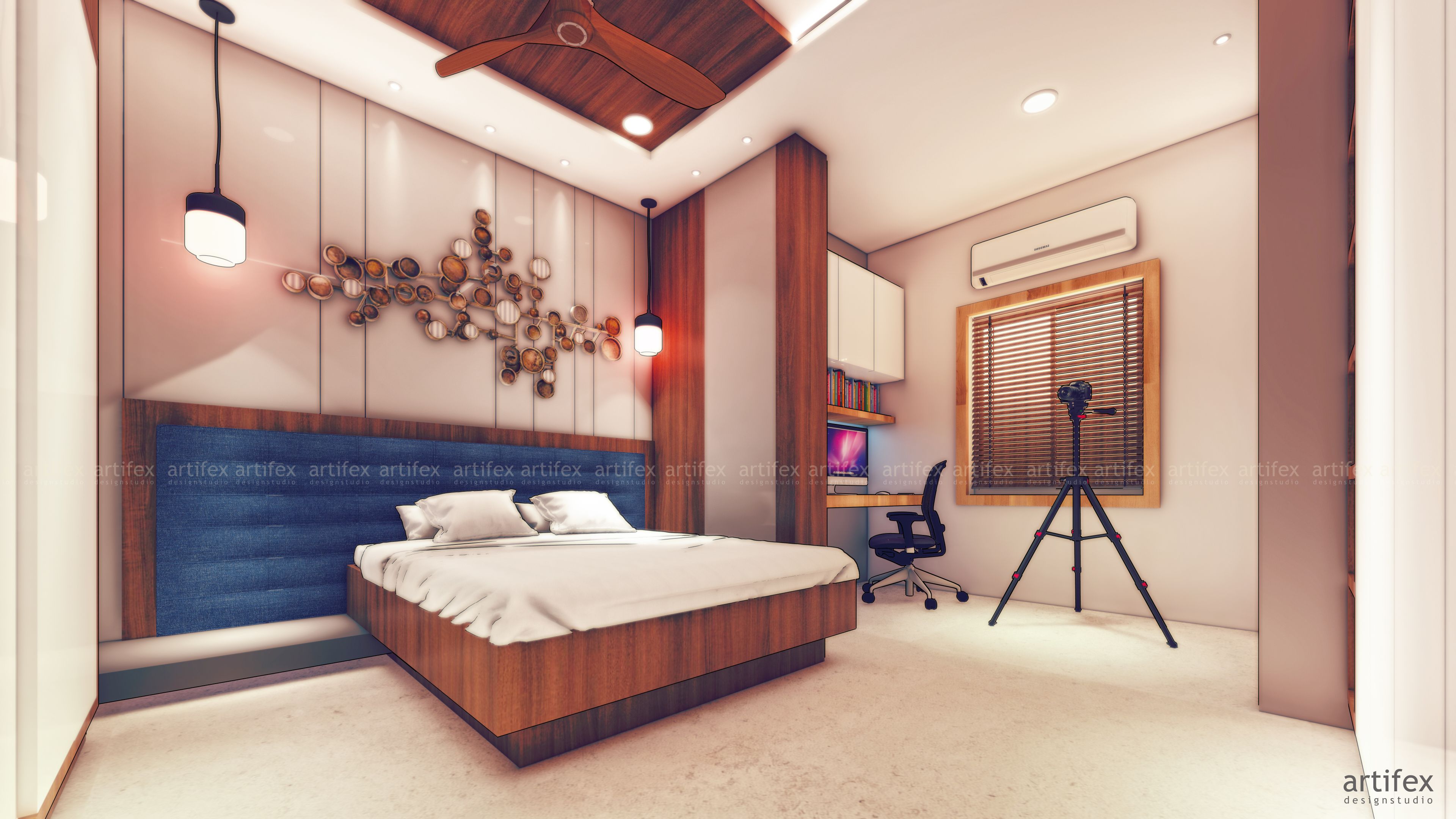 Modern Bedroom with Wooden Ceiling & Study Unit